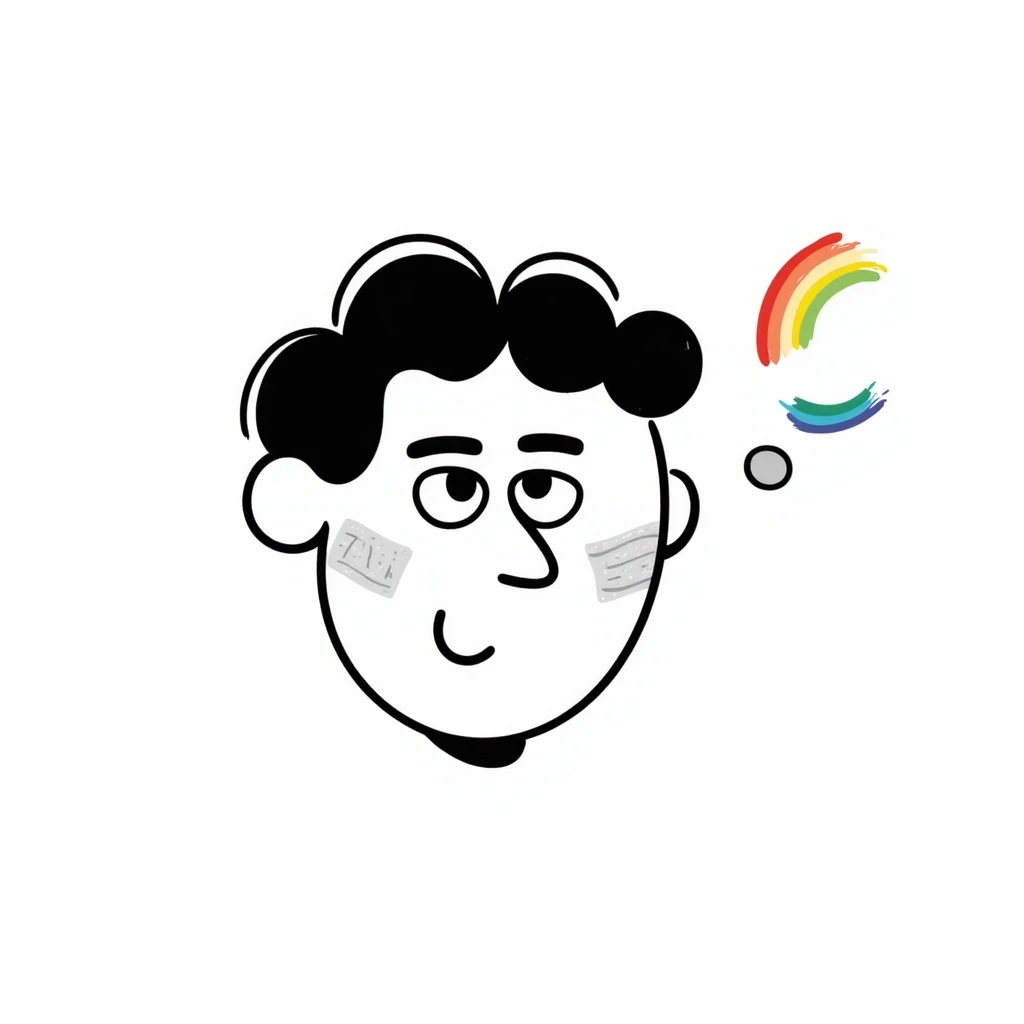 funny anxious face with rainbow elements, hand drawn doodle style emoji