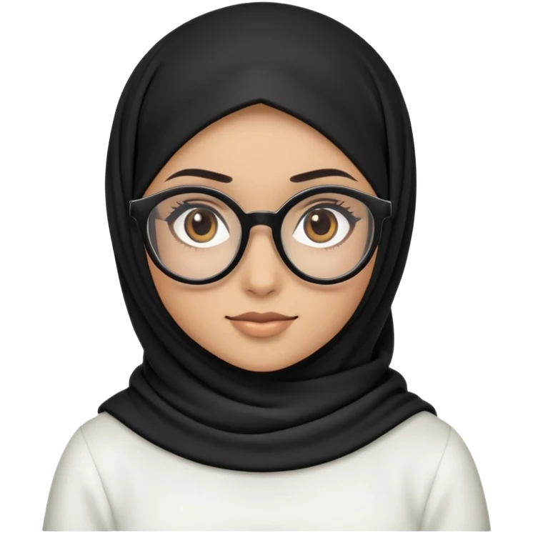 Create an ios iphone emoji of a girl with black hijab with black circle glasses dark brown eyes, light coloured skin and wearing a white top  emoji