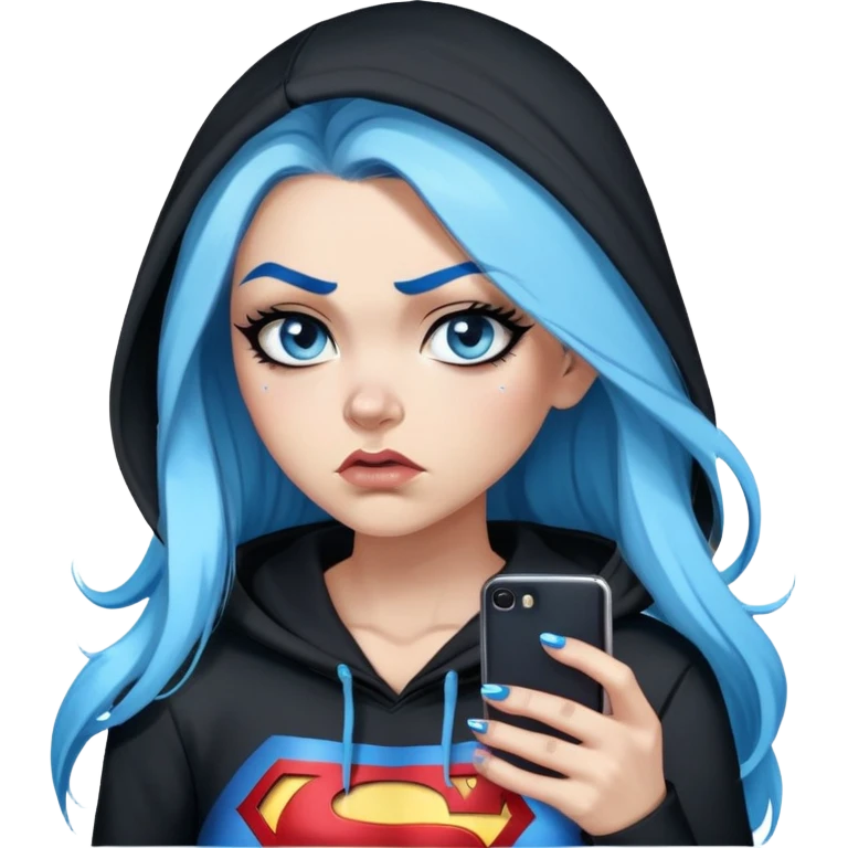 Female-Very tall-very very very large chest-really angry-texting on cell phone-very long straight flat black to sky blue hair ombre-blue eyes-black eyeliner-long eyelashes-hoodie with glitter superman logo-leggings-lippierced emoji