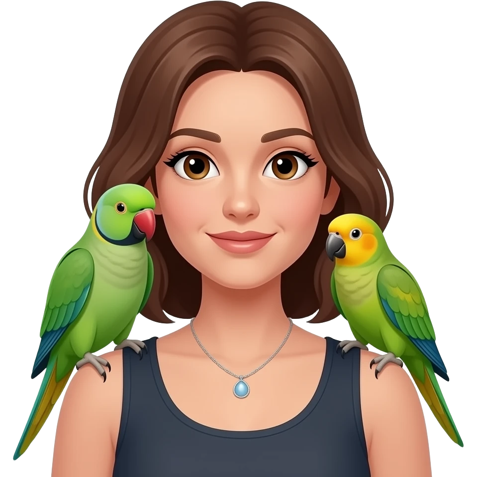 green indian ring neck parrot on a brown haired womans shoulder with a sun conure parrot with all green wings on her other shoulder the woman is wearing a necklace emoji