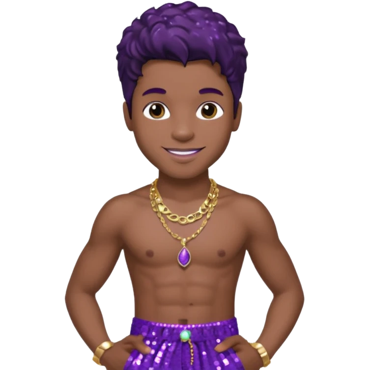 Prince Rogers Nelson with purple sequin baggy pants, shirtless with necklace, dark brown hair emoji