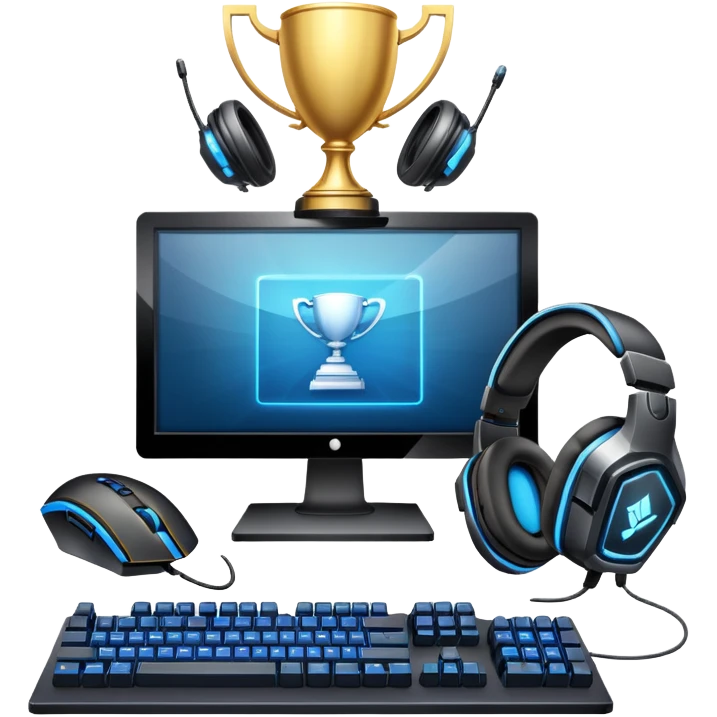 An icon featuring a gaming setup with a high-tech monitor displaying a competitive game, a keyboard, and a gaming mouse. The design includes a headset and a trophy, symbolizing victory and skill in esports. Transparent background highlights the energy and precision of professional gaming. emoji