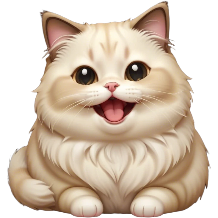 Cinematic Cute Chubby Ragdoll Cat Portrait Emoji, Head tilted playfully and yawning, round and plump body with soft, silky fur in a mix of light and darker points, Simplified yet adorable features, highly detailed, glowing with a warm, friendly glow, high shine, curious yet calm, stylized with a touch of whimsy, bright and endearing, soft glowing outline, capturing the essence of a mischievous yet loving and lazy kitty, so cute it feels like it could stretch out of the screen and cuddle! emoji