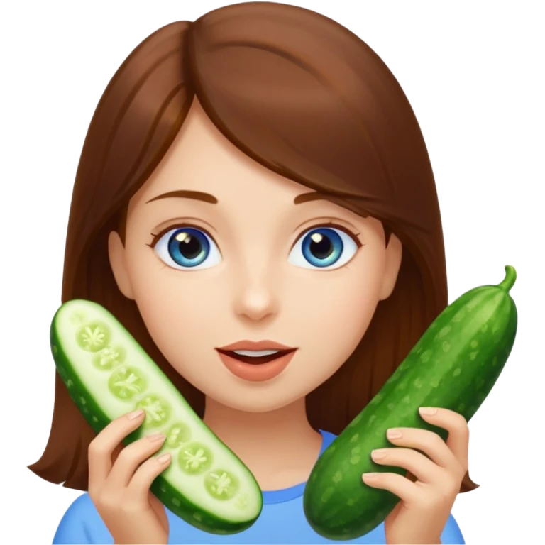 I want a brown hair blue eyes girl emoji, sucking a cucumber and holding two more in her hands emoji