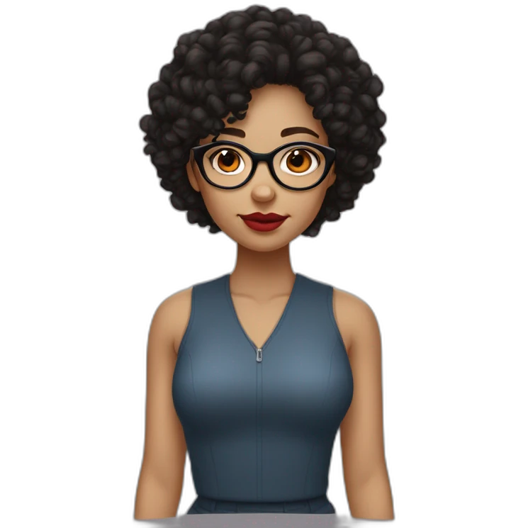 Girl with curly black hair, round thin glasses, brown eyes and red lips, very light skin tone emoji