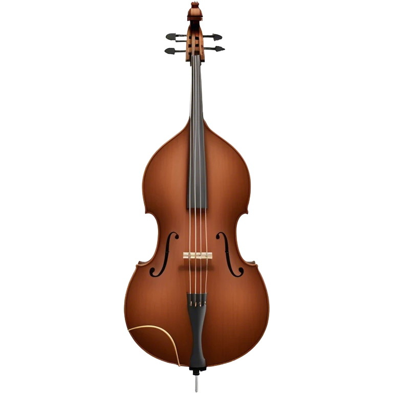 Create an elegant and detailed emoji representing a Gliga Gama double bass with bow. The design should showcase the large, sleek body of the double bass with its rich wood finish, including the characteristic curves and deep tone holes. The bow should be elegantly positioned next to the instrument, highlighting the hair and smooth wooden stick. Use warm wood tones like chestnut brown for the body of the bass, silver accents for the fittings, and dark brown for the bow. Add subtle musical notes or sound waves flowing from the bass to represent its deep, resonant sound. The background should be transparent. emoji