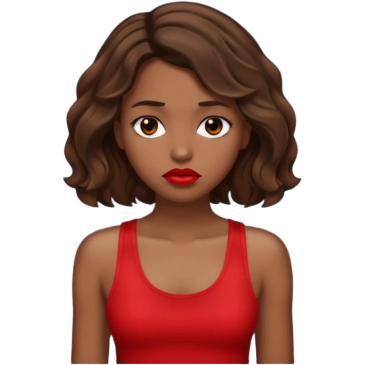 generate a pretty tan bratz girl with brown wavy hair long wearing a red tank top, red lipstick. Looking sad emoji