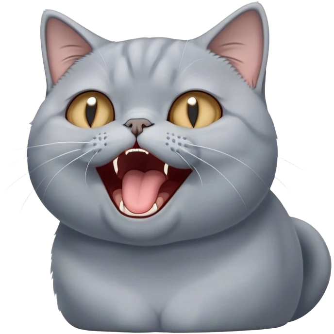 Cinematic Comical Grey British Shorthair Cat Portrait Emoji, Head tilted dramatically while yawning exaggeratedly, round and plump body with sleek soft grey fur and subtle blue undertones, Simplified yet hilariously adorable features, highly detailed, glowing with an almost sarcastic glow, high shine, a mix of lazy and disinterested, stylized with a touch of playful whimsy, bright and alert but with a hilariously bored expression, soft glowing outline, capturing the essence of a mischievous yet overly dramatic kitty, so meme-worthy it feels like it could leap off the screen and sarcastically demand attention, perfect for the internet's next viral meme! emoji
