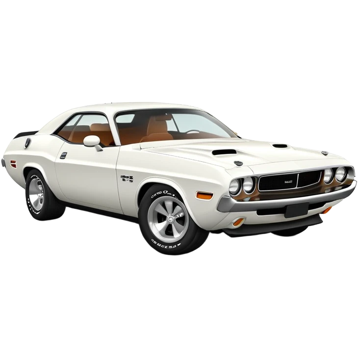 Accurate white 1971 Dodge Challenger, precise 30-degree three-quarter view, maintaining proper proportions and structure, detailed front grille and headlights, all-white exterior, iOS emoji style emoji