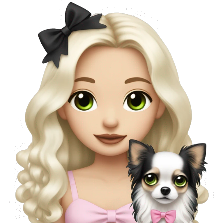 pale blonde girl with long platinum white wavy hair with bright green eyes and wearing a light pink hair bow holding a black and white long haired chihuahua puppy also wearing a hair bow emoji