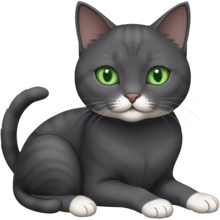 beautiful female solid dark grey cat with green eyes, white toes/paws and white patch on her chest playing emoji