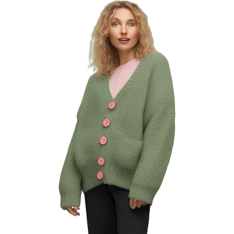 Sage oversize wool open short cardigan with pink buttons, isolated emoji