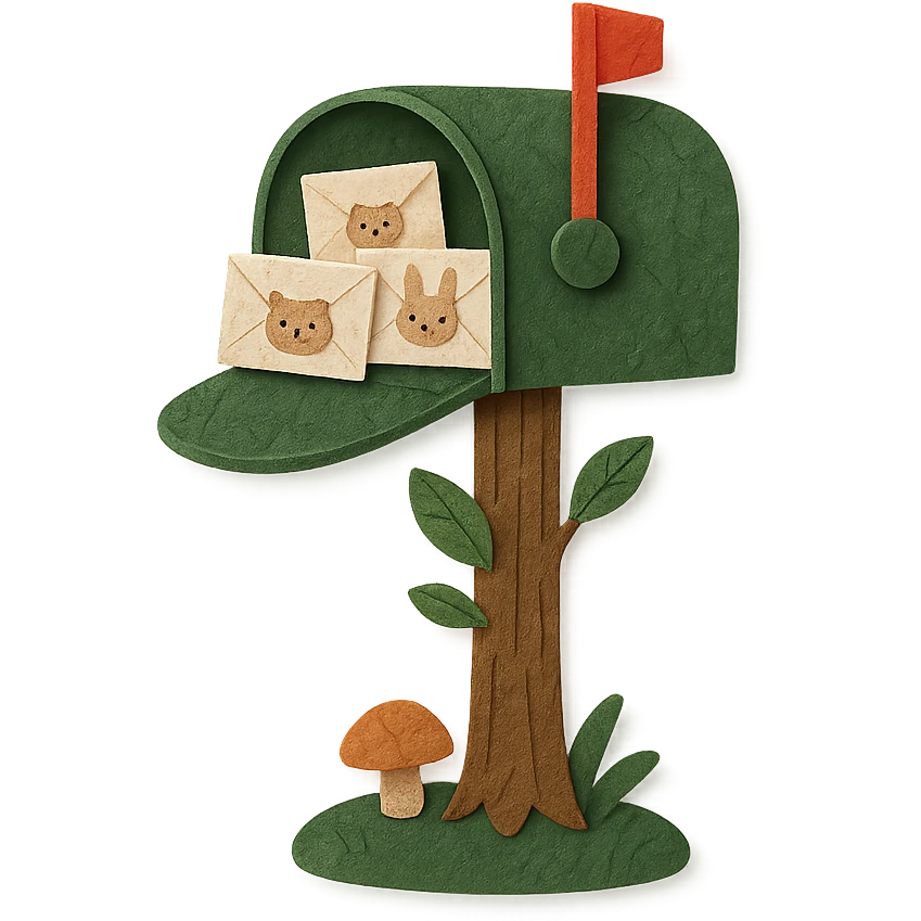 forest mailbox with tiny animal letters, cozy woodland theme, crafted from paper textures, delicate and charming emoji