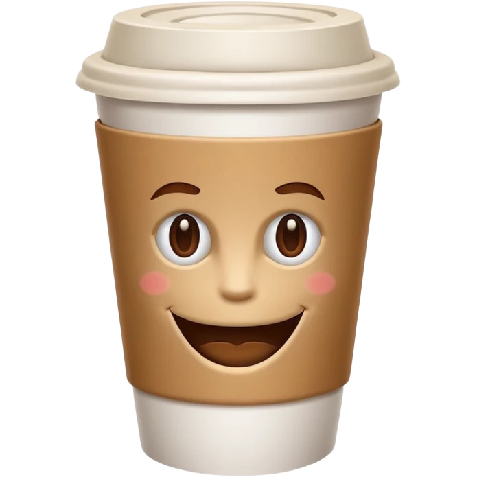 one all white coffee take away cup with coffee, no lid,  and a small brown smiling mouth in the middle front. No eyes, no cheeks, no nose, only a small smiling mouth emoji