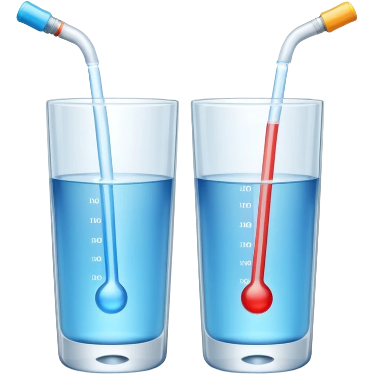 3D illustration of two glasses of water — one cold, one hot, with a thermometer inside each. Particles dissolving faster in hot water, slower in cold. Minimalist, clean, bright, modern 3D icon style. emoji