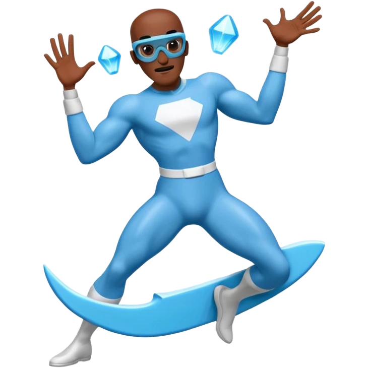 Frozone character in retro stickers style, dynamic pose, icy effects, bold outlines, vibrant colors he says "c'est carré dans l'axe" emoji