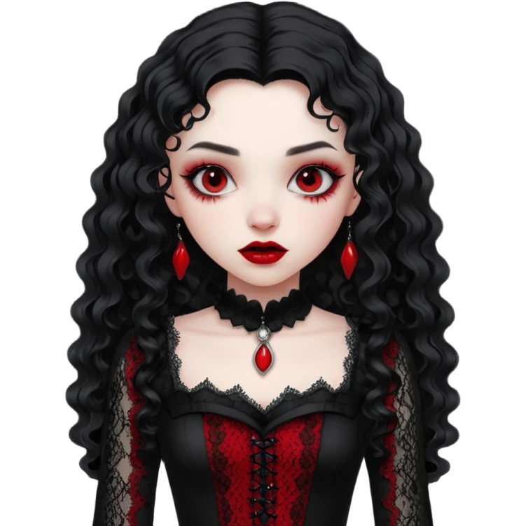 A girl with a red goth vampire look in a black and red goth lace dress with long sleeves and long black curly hair  emoji