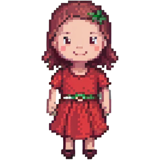 pixelated child in a red dress, happy face emoji