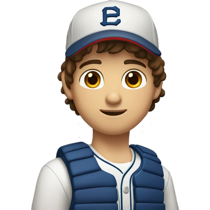 Teenager boy type italian, White skin, with baseball cap backwards with wavy brown hair (Which go down behind to the nape of the neck), Little bit dezoom emoji