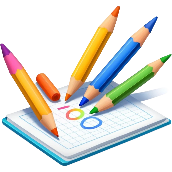 colorful drawing on paper with crayons and pencils nearby, fun and inviting emoji