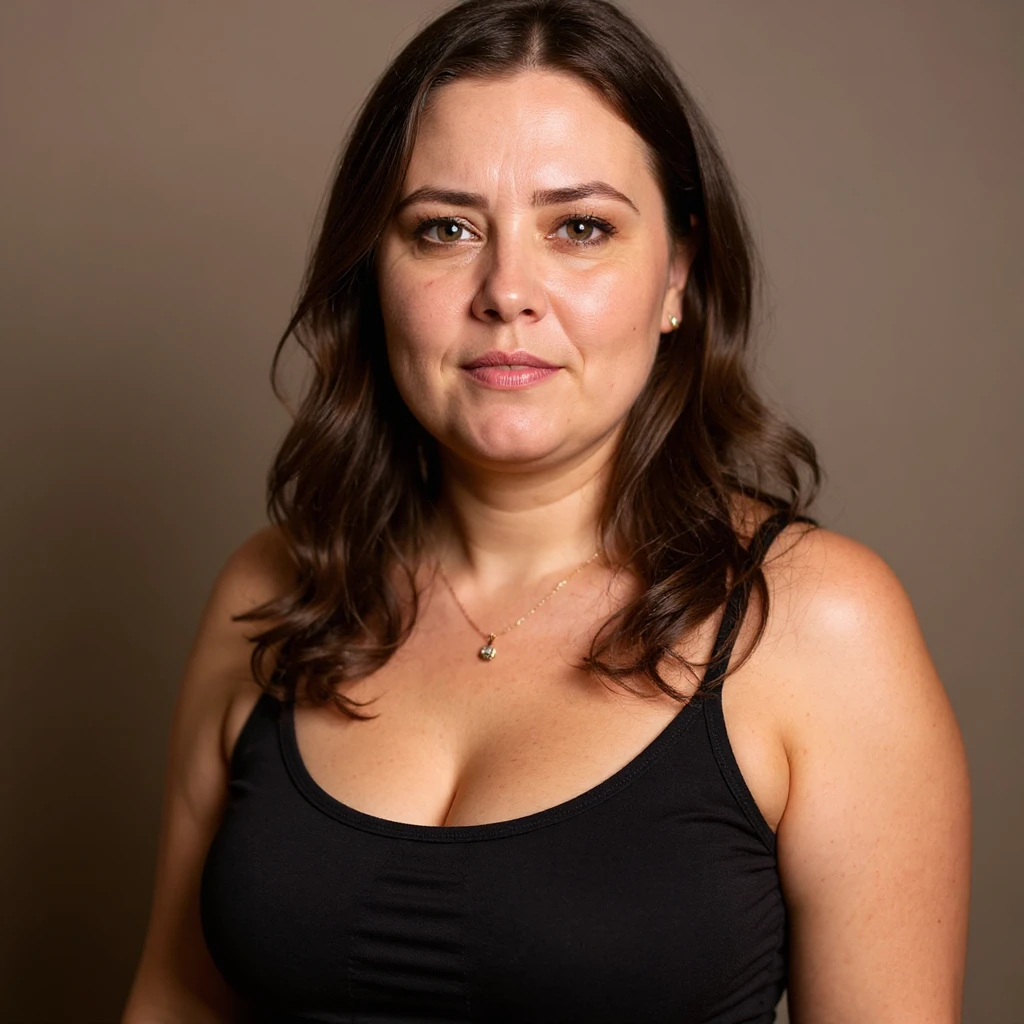 Hyperrealistic vertical portrait inspired by the reference photo: a woman with significant cellulite, visible face showing a desperate and tired expression, identical pose to the photo, extremely detailed skin with realistic texture, natural shadows, neutral background, vertical composition. emoji