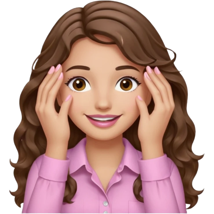 girl with wavy long brown hair, brown eyes, light to medium complexion, long lashes, light pink lipstick, wearing light pink shirt, smiling, hands covering over the eyes emoji