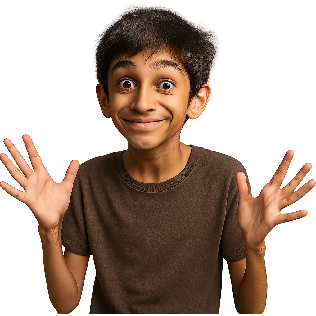 skinny Pakistani boy with expressive eyes and a cheeky smile, trying to be funny emoji