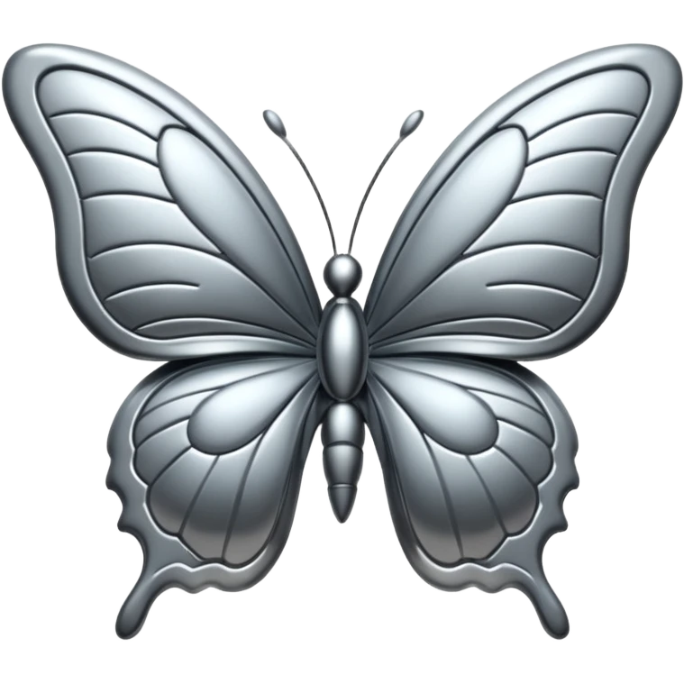 Liquid metal butterfly emoji, silver chrome material, iOS emoji style, smooth curves, reflective surface, elegant and minimal, white background emoji