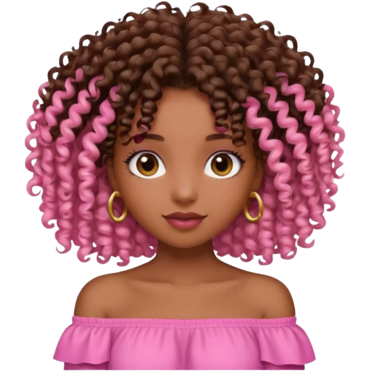 A brown skin girl with a curly 4C hair and she has a pink off shoulder top, emoji