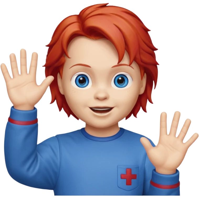 Can you create an emote for me referencing the Chucky character, with a happy and cute expression, that's waving emoji