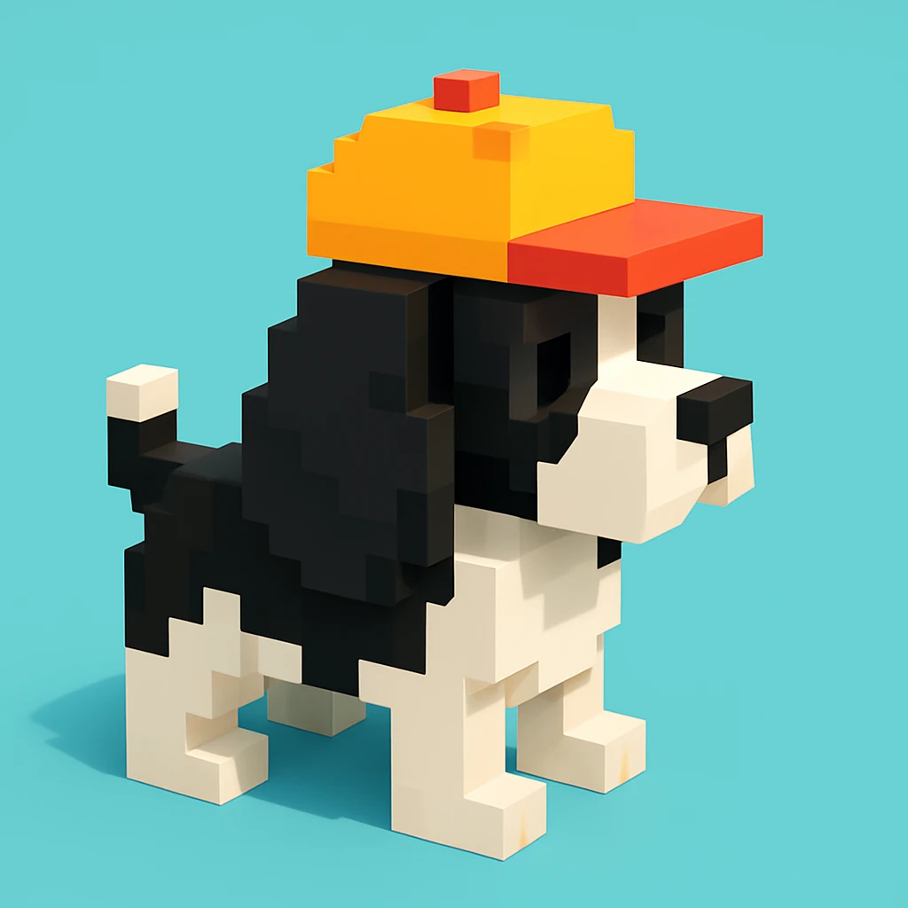 A black and white Russian Cocker Spaniel puppy wearing a cap, facing right emoji