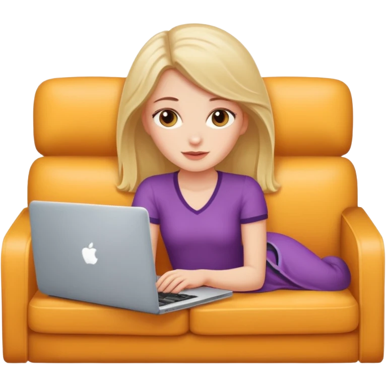 A white girl is lying on a sofa with a laptop emoji