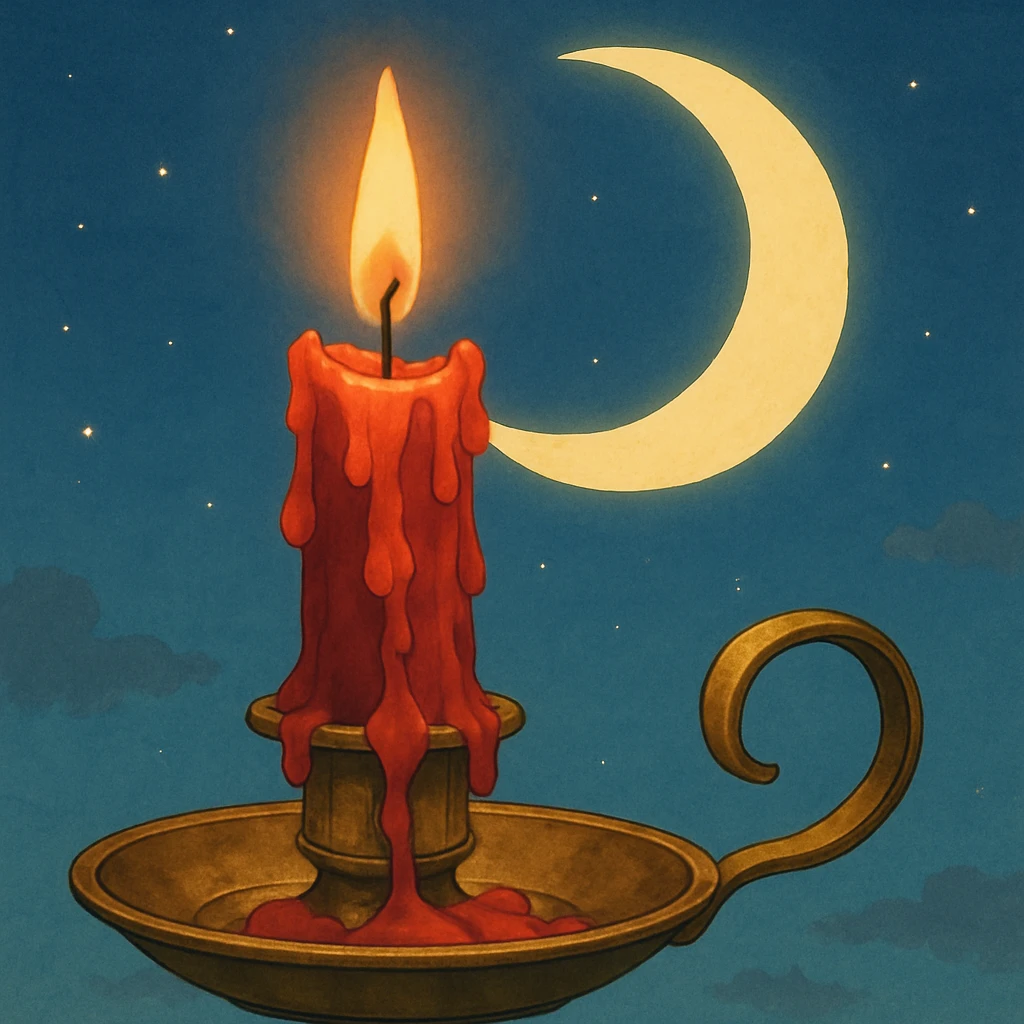 ghibli style dripping red candle in a gold holder with a crescent moon in the background emoji
