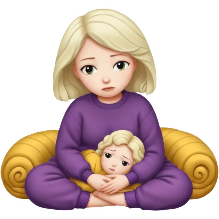 woman sitting curled up, sad face emoji