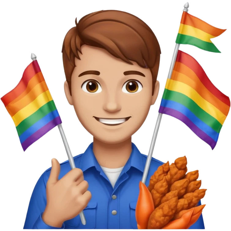 Guy with brown hair holding buffalo chicken and a gay pride flag emoji