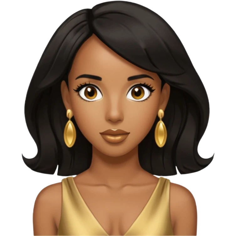 Kelly Rowland brown eyes, black hair, gold dress with earrings emoji