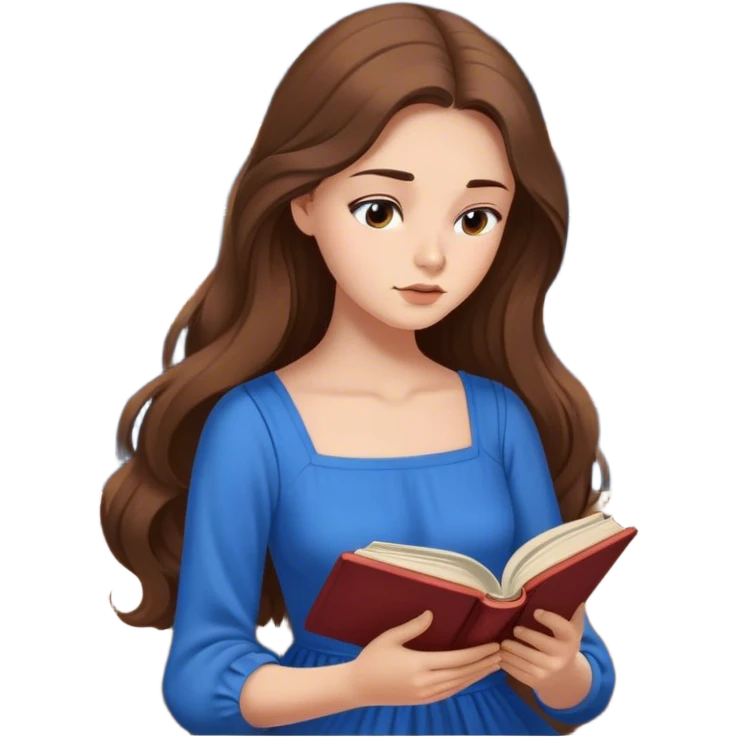 Cinematic Elegant Belle Portrait Emoji, Sitting with an open book, eyes dreamy with thought, her iconic blue village dress draped gracefully, exuding intelligence, kindness, and timeless charm! emoji