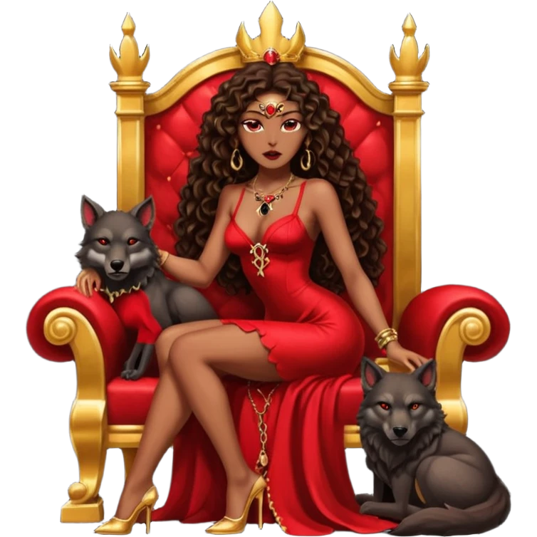 Lilith symbol seductress evil brown curly long hair haired, sexy succubus woman with red and black Chanel dress sitting on a Black and gold throne. A large black wolf laying beside he emoji