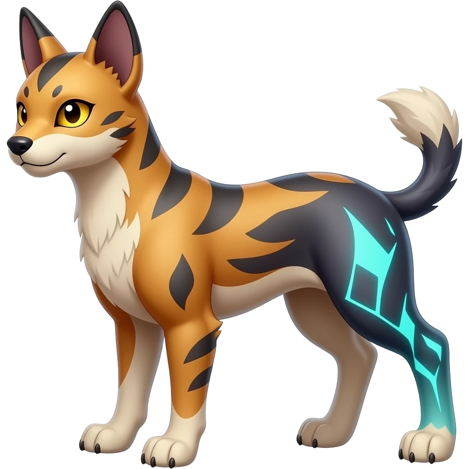 Digitigrade elemental realistic pretty elegant sleek shiny patterned quadrupedal Randomly patterned Shinx-Pyroar-Houndour-Arcanine-Electrike-animal-hybrid, full body, short fluffy tuft nub-tail emoji