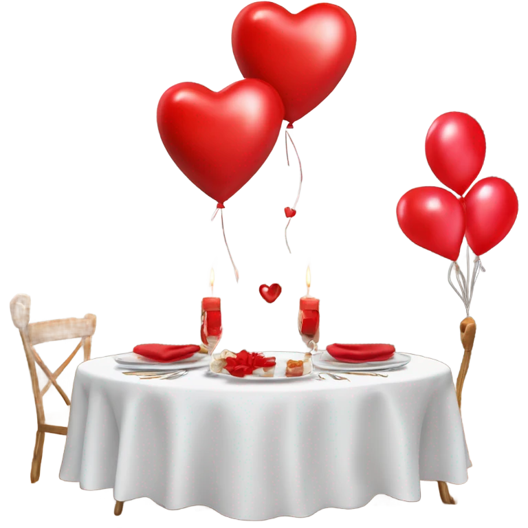 Red romantic party setting for two people and heart balloon  table with white cloth and candle with bows on the table photo Realistic  emoji