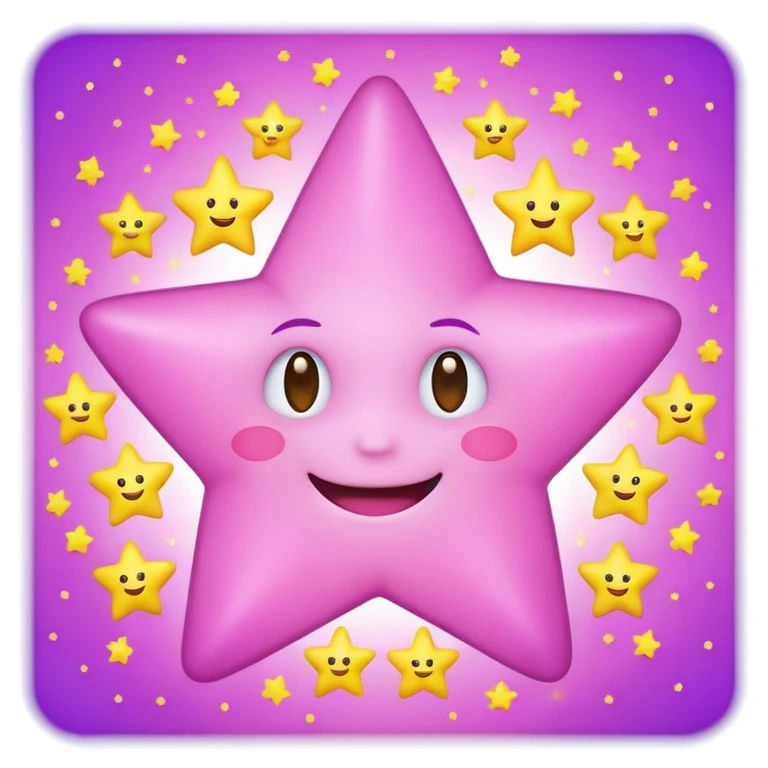 pink star with a happy face, encircled by tiny yellow stars, purple background emoji