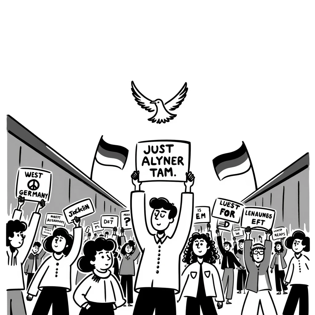 protesting people with signs featuring slogans, the Berlin Wall, peace dove, East and West Germany flags, 1950s and 60s emoji