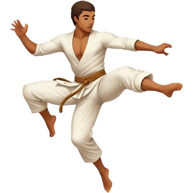 A capoeira fighter in mid-air performing a spinning kick, wearing traditional white capoeira pants and a cord, vibrant and flowing pose, surrounded by motion swirls emoji