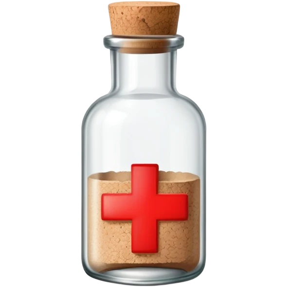 A glass medicine bottle with a cork top and red cross label emoji