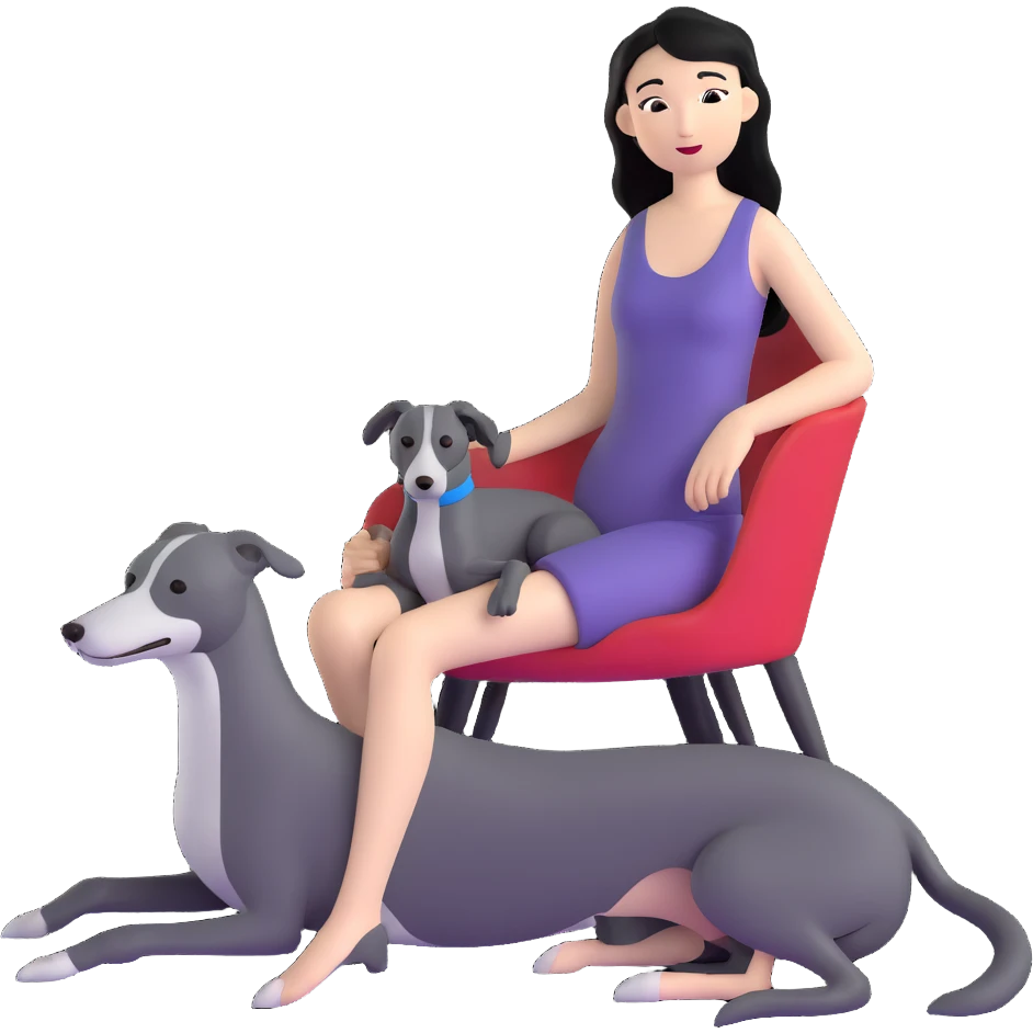 Very thin Chinese woman with long black hair relaxing in a luxurious hotel suite with exactly ONE whippet dog. EXTREME IMPORTANCE: the whippet must be ONE SOLID VERY DARK CHARCOAL GREY COLOR from nose to tail with ABSOLUTELY NO WHITE MARKINGS anywhere - NO white on face, NO white on muzzle, NO white on chest, NO white on paws, NO white on tail - NOTHING BUT A SINGLE SHADE OF VERY DARK GREY throughout the entire animal emoji