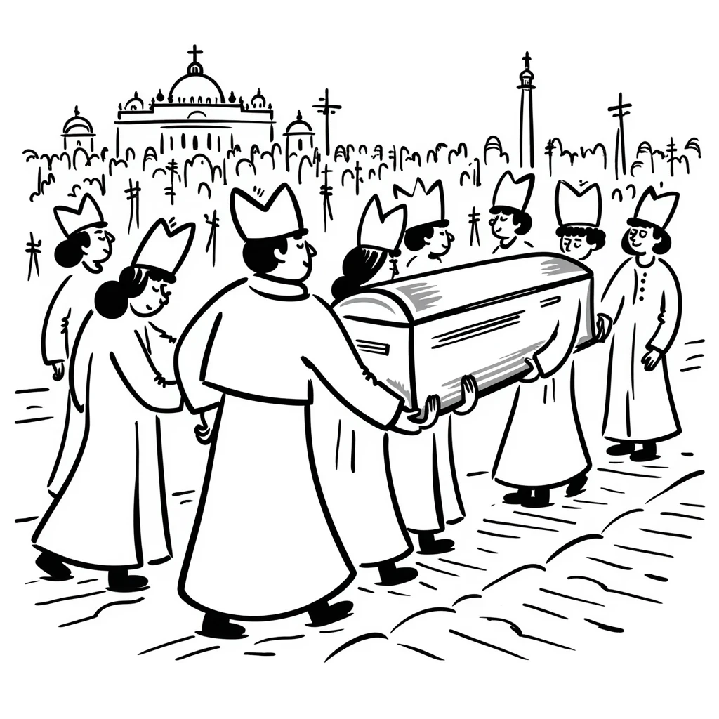 A respectful drawing of a papal funeral procession at Vatican City with cardinals, the papal coffin, and St. Peter's Square filled with mourners emoji