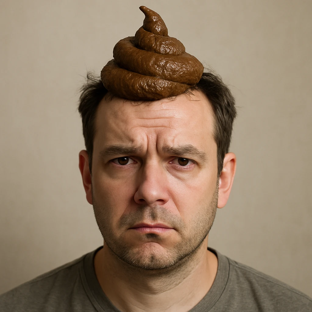 hyper-realistic style, man with poop on his head, photographic detail, neutral background emoji