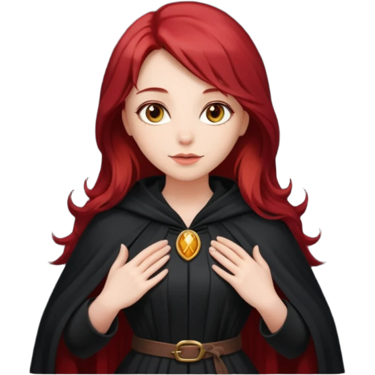 a beautiful woman with long red hair reaching her waist, hazel eyes, and wearing a black cloak emoji