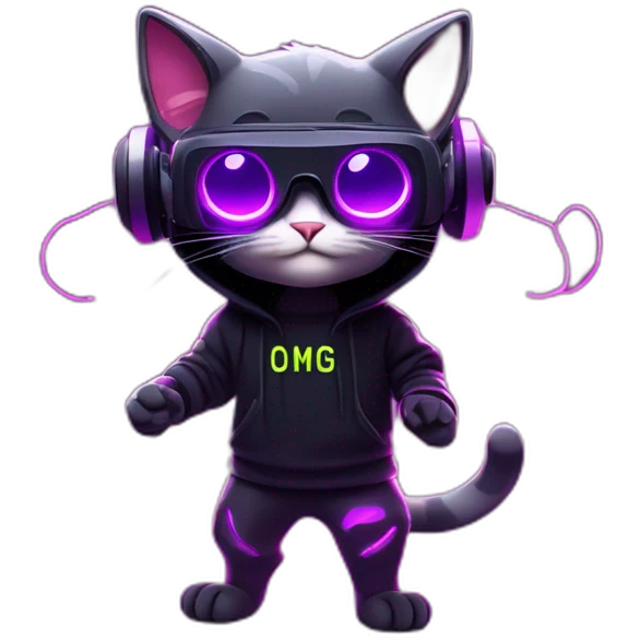 funny cat wearing a black hoodie with "OMG" letters on it and VR headset in a cyberpunk VR environment with violet neon lighting. emoji