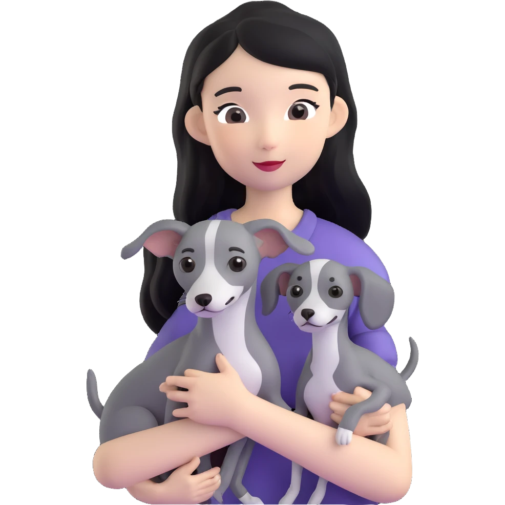 Slim Chinese girl with long black hair holding all grey Italian greyhound emoji